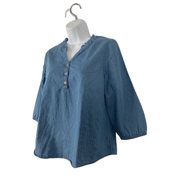 Croft & Barrow Chambray Ruffle V-Neck Top 3/4 Sleeve Denim Blouse Womens Size PS - Picture 4 of 10